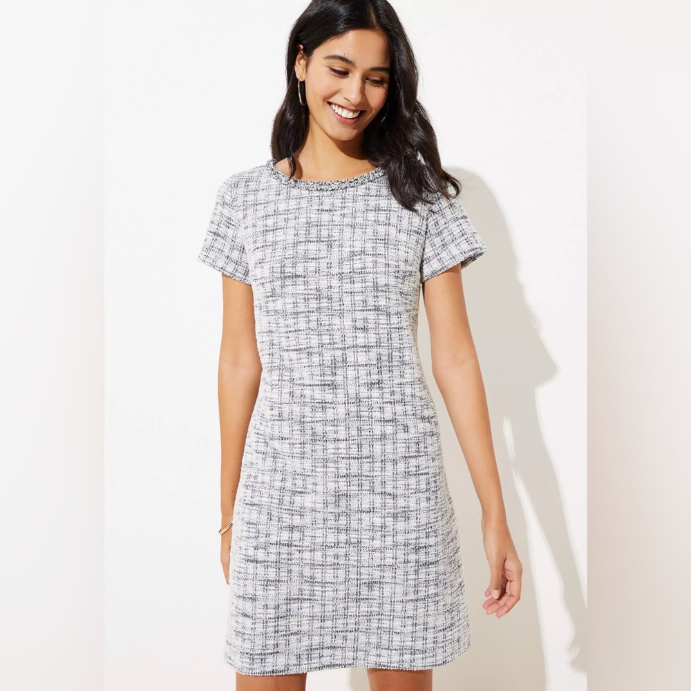 LOFT Black White Tweed Shift Dress | Parisian Chic Mini | Textured Bouclé Style
